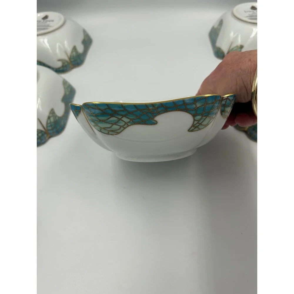 Lynn Chase Saint Tropez Porcelain Bowls 24K Gold Trim Coastal Shells Set of 6